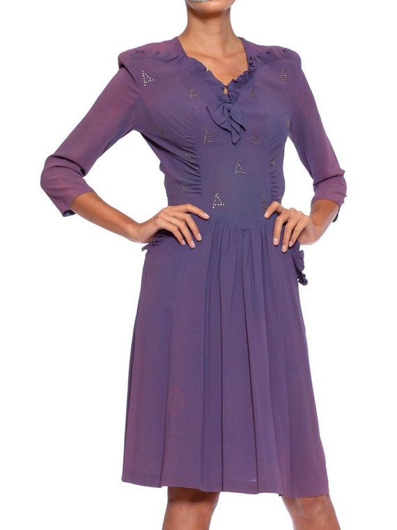 1940S Purple Rayon Blend Crepe Silver Studded Dre… - image 1