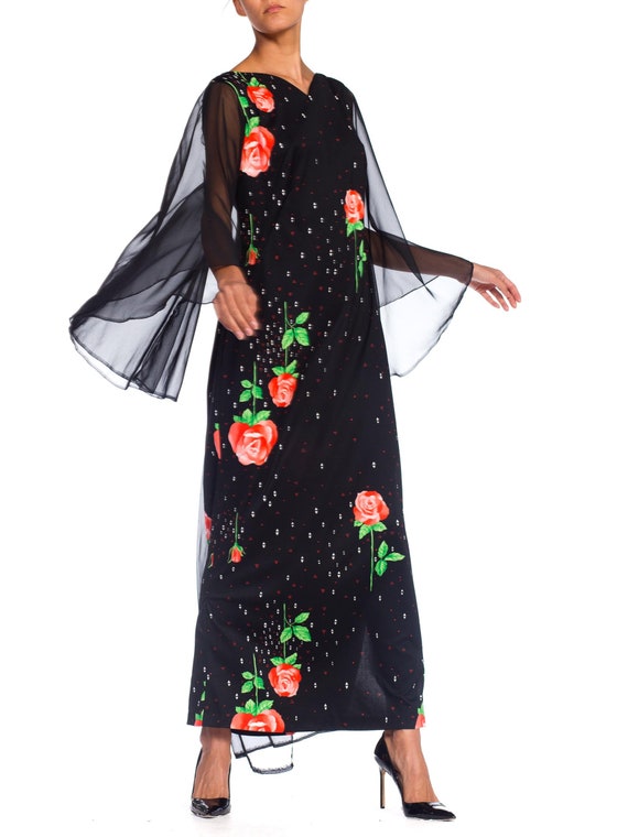 1970S Black Polyester Jersey Rose Print Maxi Dres… - image 6