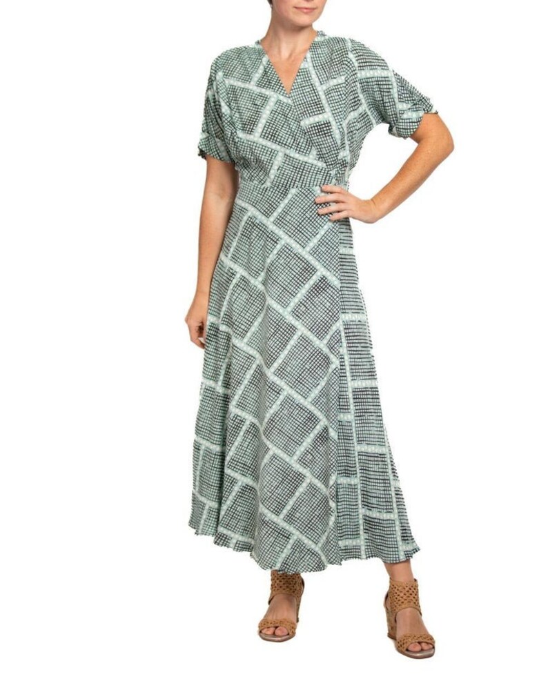 1940S Light Blue & Black Cold Rayon Geometric Print Wrap Dress image 5