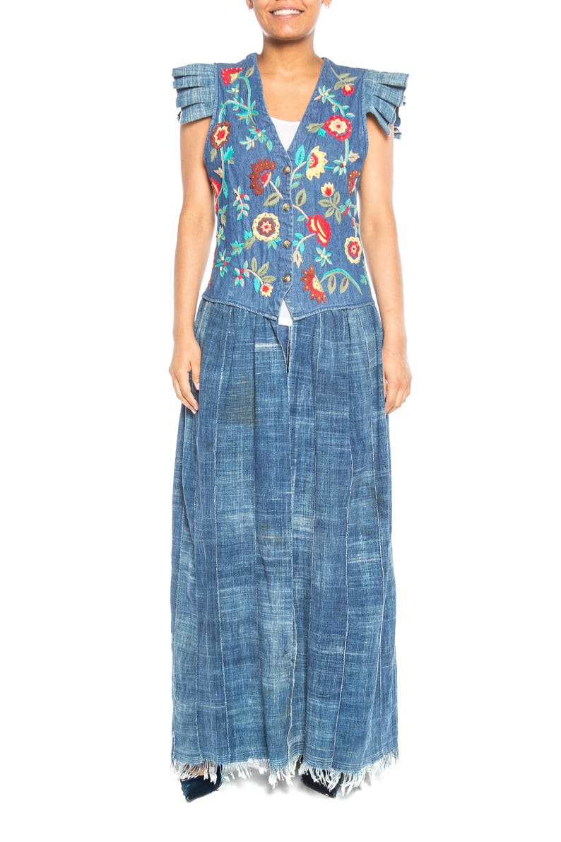 MORPHEW COLLECTION Floral Embroidered Cotton Denim & African Indigo Maxi Duster image 1