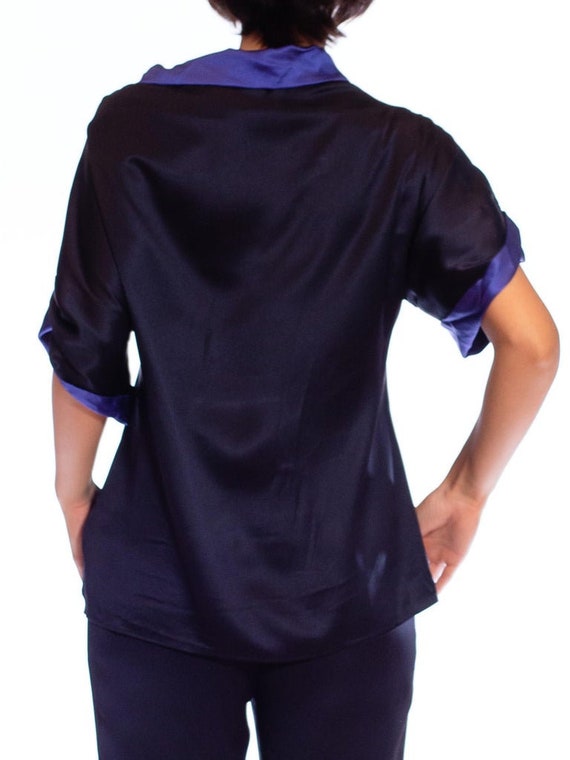 1990S Escada Black  Blue Silk Satin Loose Top Pan… - image 9