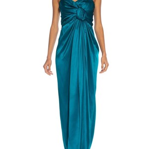 1980S Yves Saint Laurent Teal Haute Couture Silk Satin Draped Strpless Gown image 2