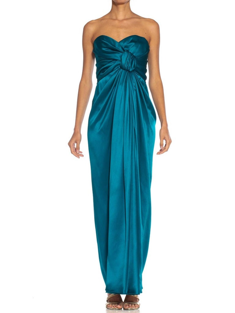 1980S Yves Saint Laurent Teal Haute Couture Silk Satin Draped Strpless Gown image 2