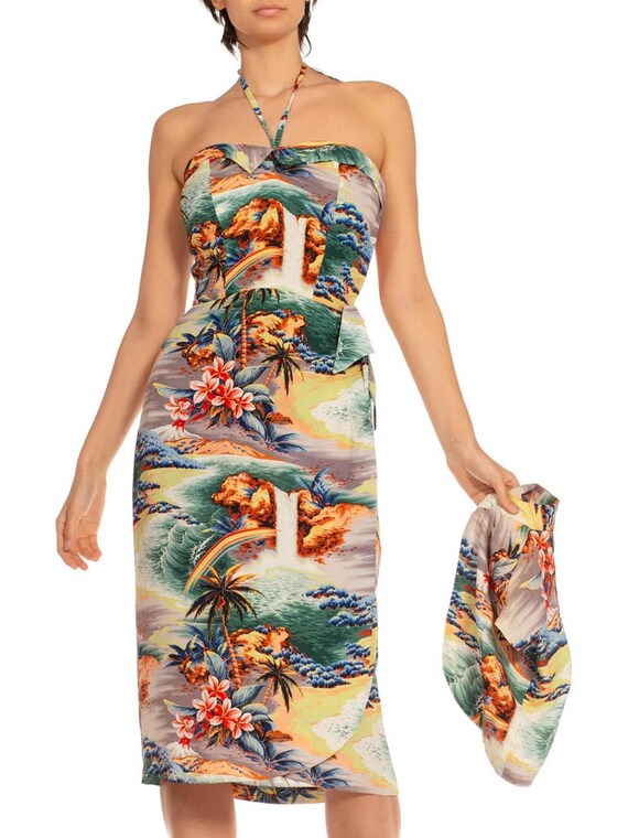 1940S Green  Orange Cotton Silk Hawaiian Printed … - image 5