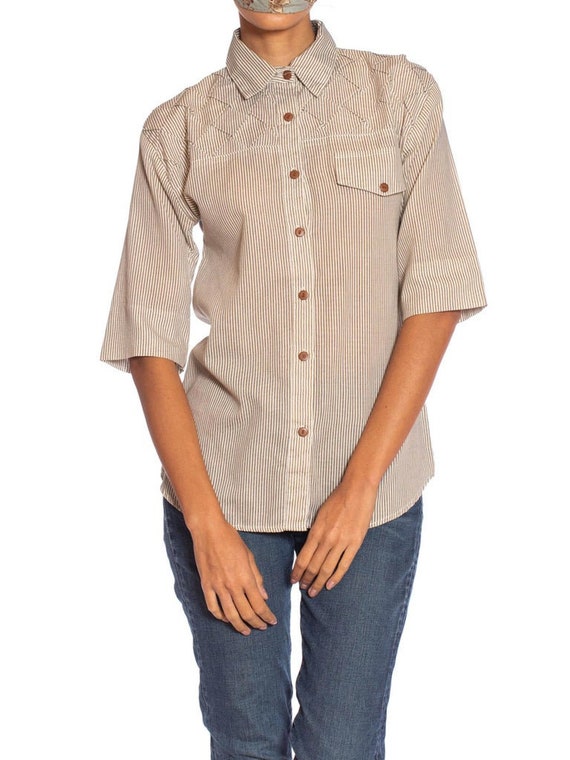 1980S Beige & White Cotton Blend Shirt With Cool … - image 5