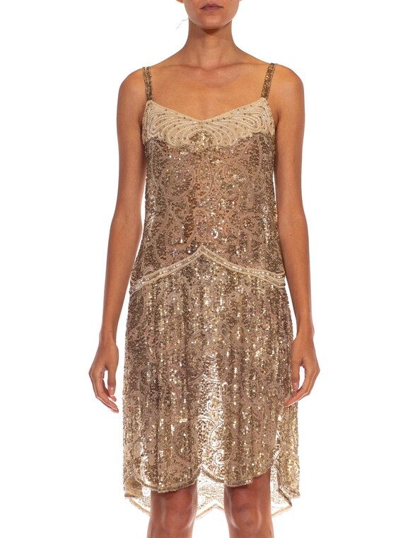 1920S Silver  Gold Beaded Silk Chiffon Dress