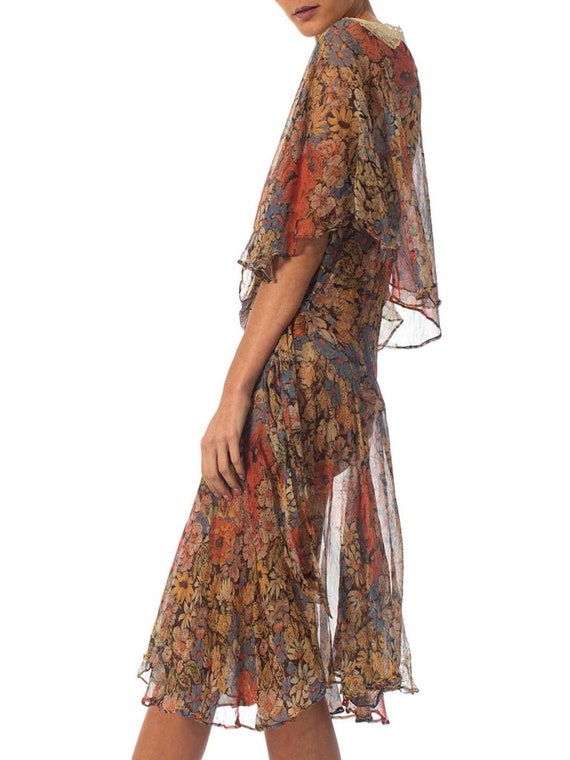 1920S Earth Tone Floral Silk Mousseline Dress Wit… - image 3