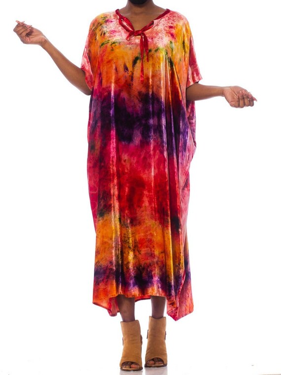 1970S Multicolor Velvet Tye Dye Kaftan