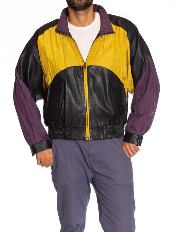 1990S Black Leather Men's Bomber Jacket With Yello