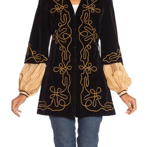 1900S Antique Black Cotton Velvet Medieval Theatrical Costume Jacket With Gold Braid Details image 7