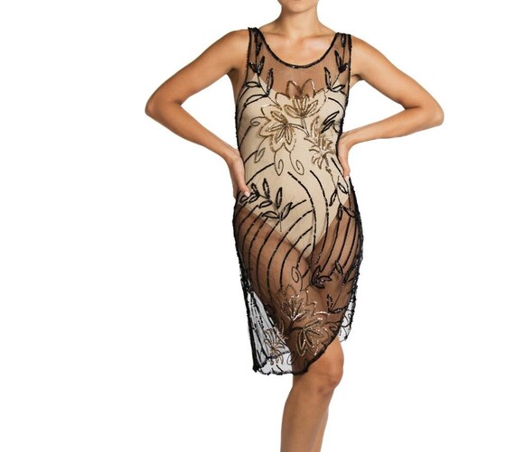 1920S Black Silk Net Sheer With Sequins Cocktail … - image 5