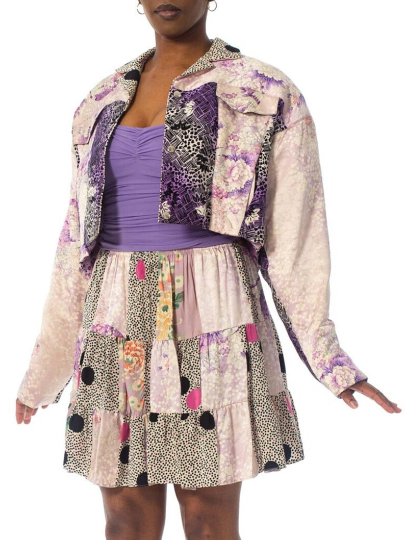 1980S Purple Printed Skirt, Top & Jacket Ensemble Made From Japanese Kimono Silk image 4