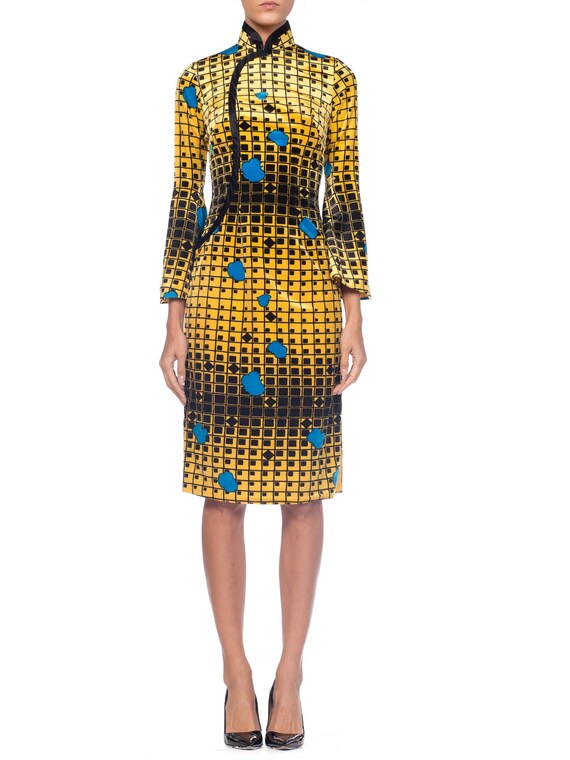 1960S Mod Chinesse Geometric Silk Velvet Dress