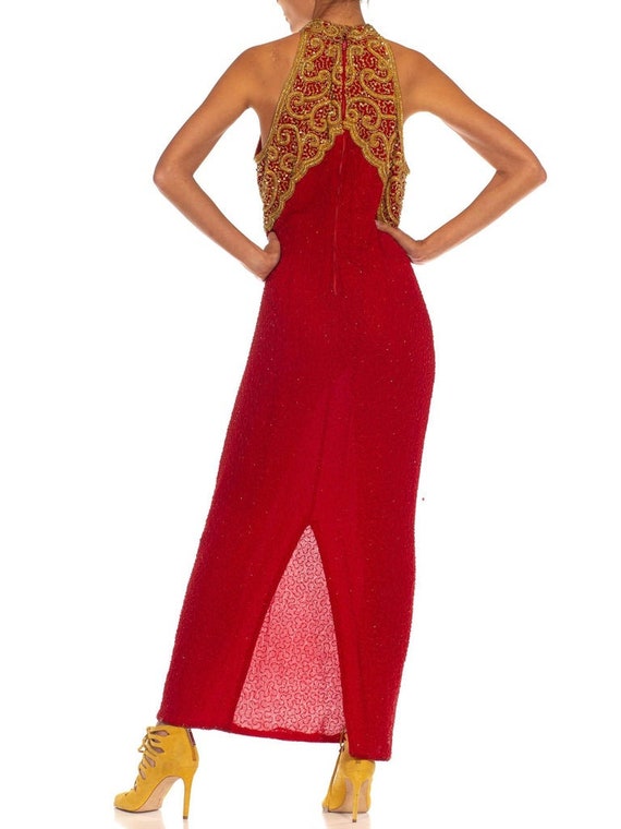 1980S Red & Gold Silk Fully Beaded Halter Gown Bo… - image 5