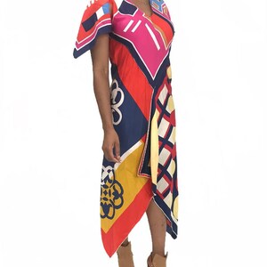 MORPHEW COLLECTION Pink & Blue Silk Poly Bias Cut Scarf Kaftan Dress Made From 1970'S Geometric Scarves image 5