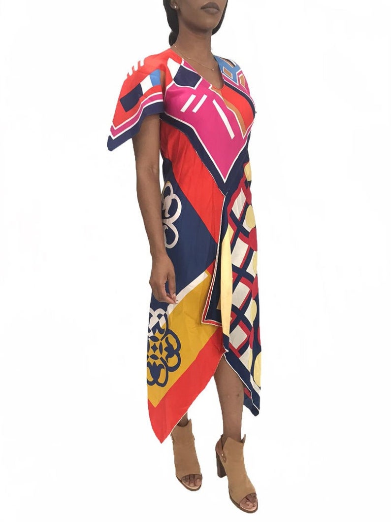 MORPHEW COLLECTION Pink & Blue Silk Poly Bias Cut Scarf Kaftan Dress Made From 1970'S Geometric Scarves image 5