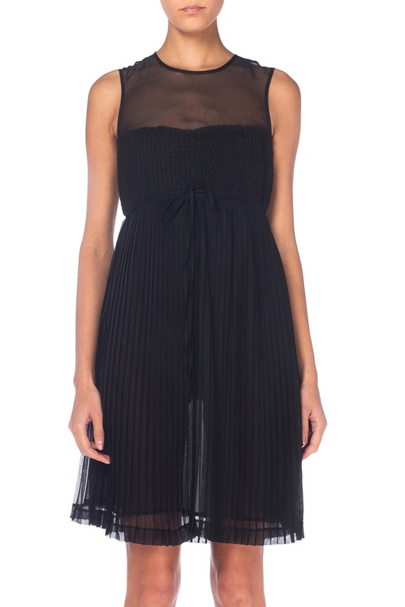 1990S Black Silk Chiffon Sheer Pleated Dress