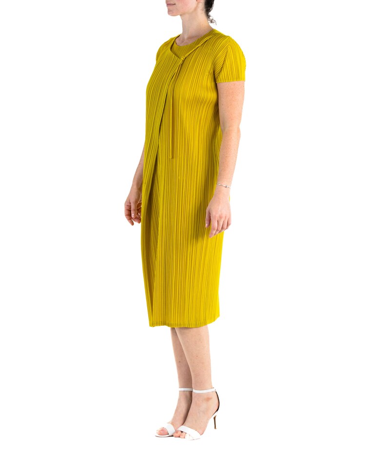 1990S Pleats Please Issey Miyake Mustard Yellow Polyester Wrap Dress image 3