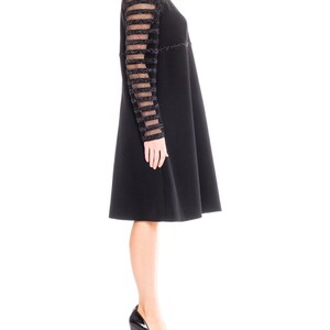 1960S JACQUELINE VANOYE Black Polyester Knit MOD Cocktail Dress With Mesh Lurex Stripe Sleeves image 4