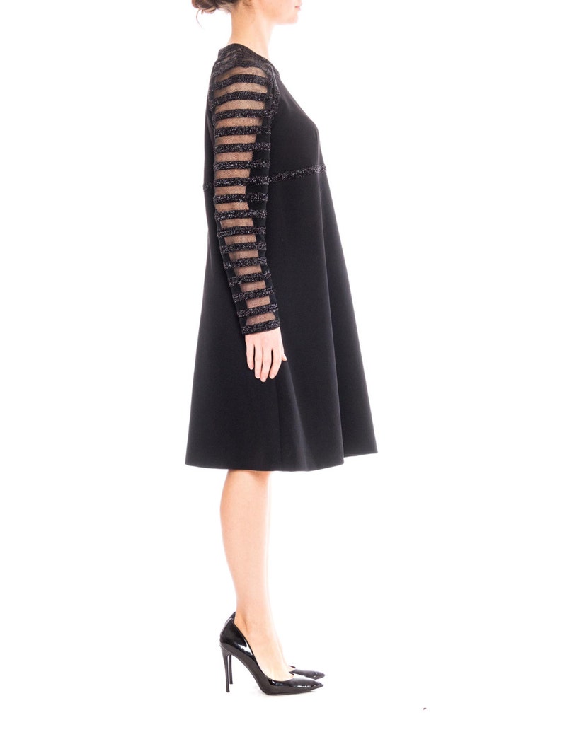 1960S JACQUELINE VANOYE Black Polyester Knit MOD Cocktail Dress With Mesh Lurex Stripe Sleeves image 4