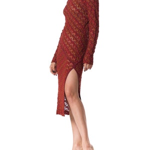 1970S MISSONI KNIT Style Burgundy Silk Long Sleeve Dress With Side Slit image 3