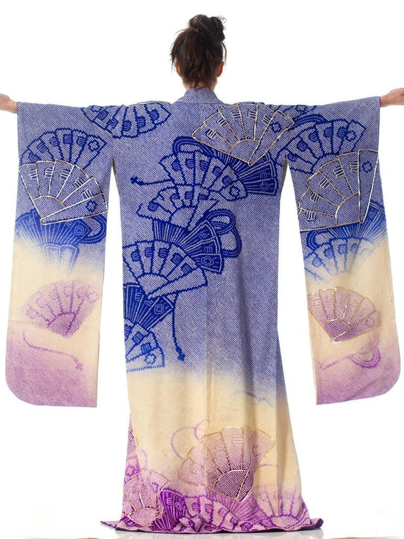 1970'S Japanese Shibori Hand Dyed Ombre Blue To Purple Silk Gold Embroidered Kimono image 1