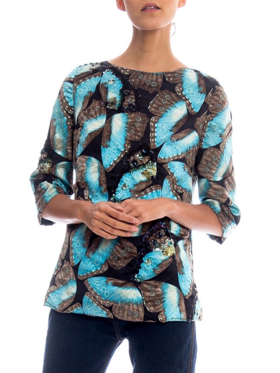 1950S Silk Satin Hand-Cut Velvet Butterfly Print