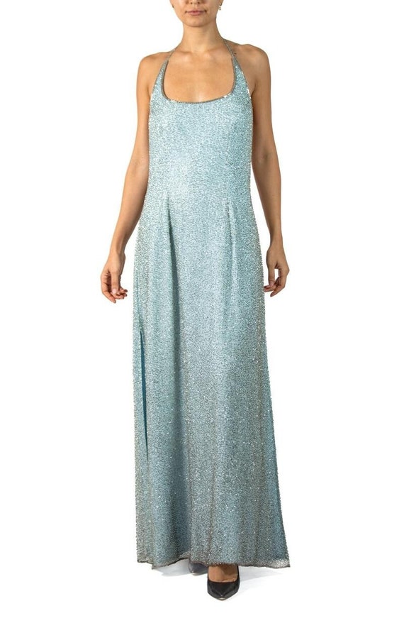 1980S Aqua Blue Pavé Beaded Silk Chiffon Gown With