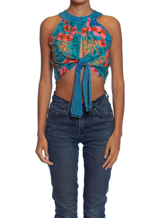 1970S Floral Printed Polyester Wrap Halter Top