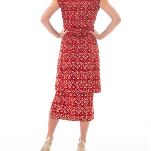 1960S Red Silk Satin Cocktail Dress Covered In Medieval Style Metallic Gold Embroidery image 4