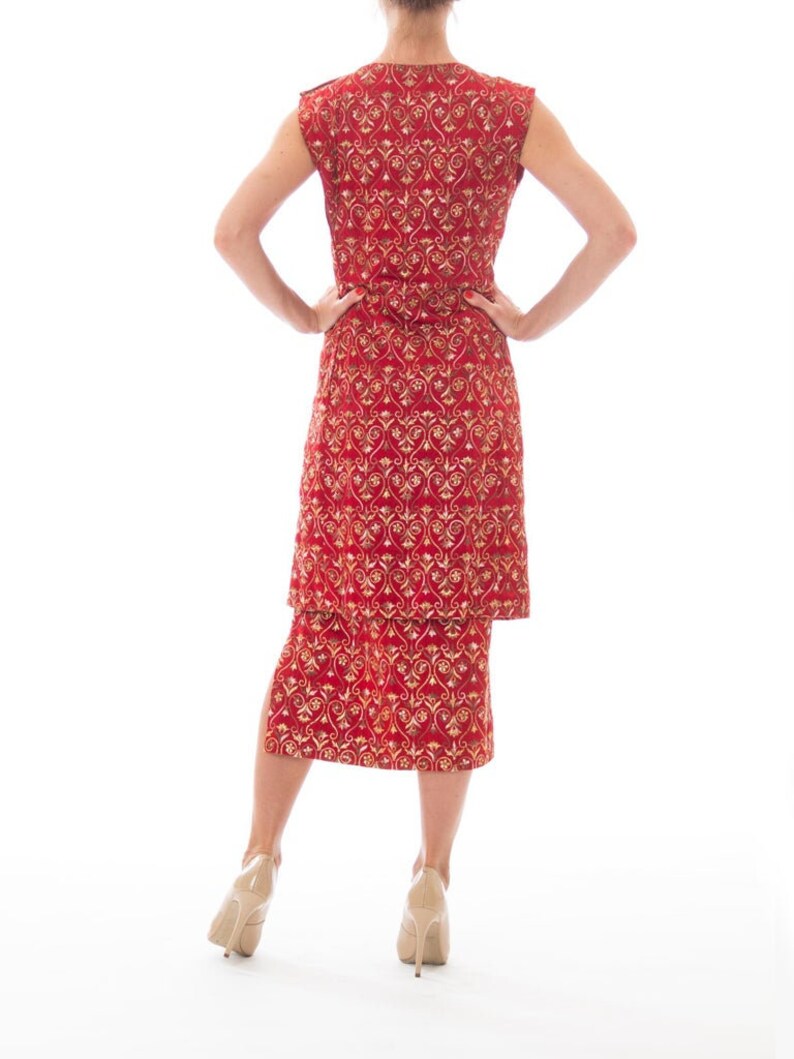 1960S Red Silk Satin Cocktail Dress Covered In Medieval Style Metallic Gold Embroidery image 4