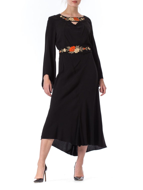 1930S Black Silk Crepe Back Satin Pleated Bell Sle