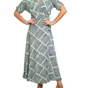 1940S Light Blue & Black Cold Rayon Geometric Print Wrap Dress image 8