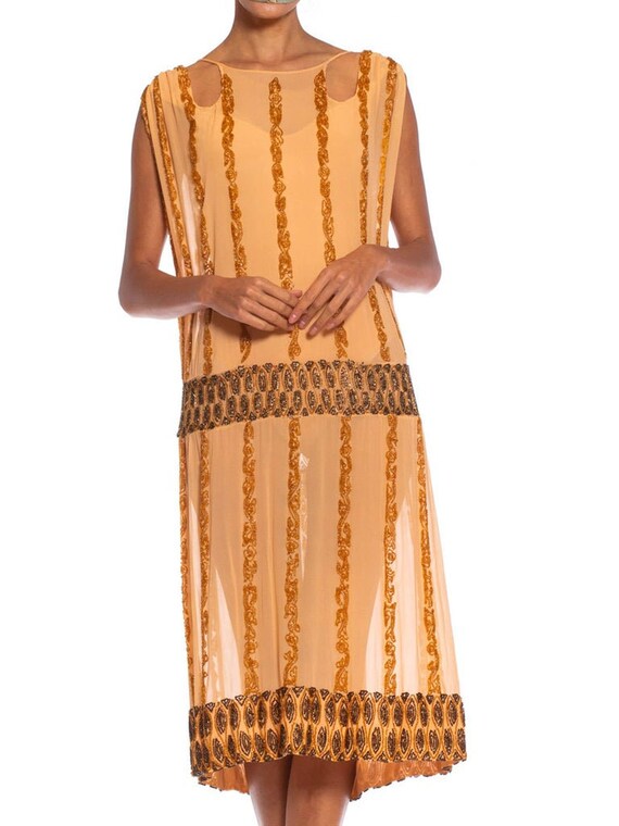 1920S Peach Silk Chiffon Beaded In Amber  Metalli… - image 2