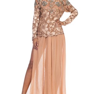 1980S GALANOS Blush Pink Silk Crystal & Sequin Beaded Lace Blouse With Chiffon Pants Evening Ensemble image 6