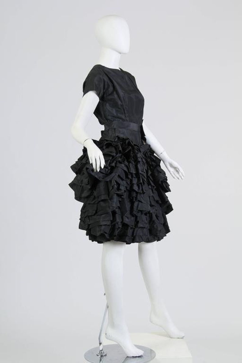 1950S PAULA WHITNEY Black Haute Couture Silk Taffeta Amazing Ruffled Poof Ball Skirt Cocktail Dress image 2