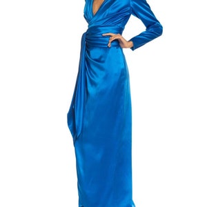 1980S Givenchy Electric Blue Haute Couture Silk Double Faced Satin Sleeved Gown With Slit Sash image 10