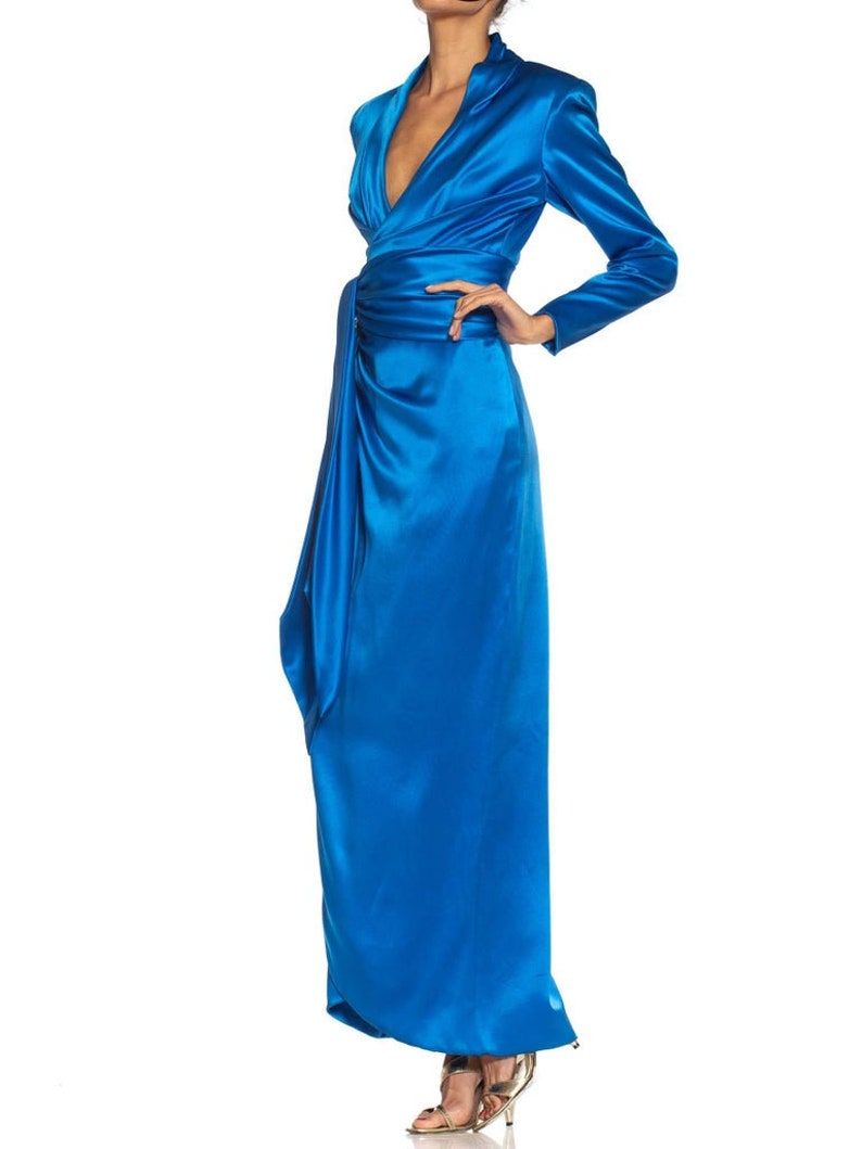 1980S Givenchy Electric Blue Haute Couture Silk Double Faced Satin Sleeved Gown With Slit Sash image 10