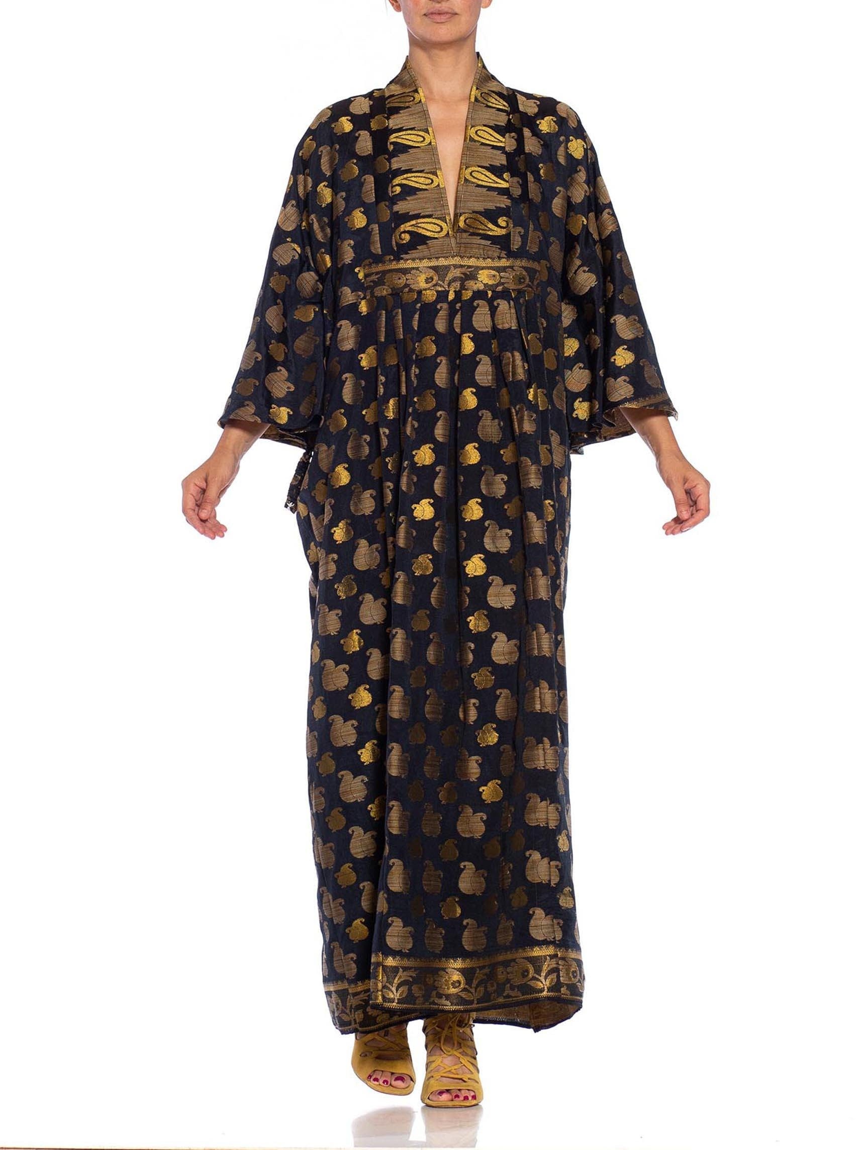 Morphew Collection Black Gold Metallic Silk Kaftan Made From Vintage Saris