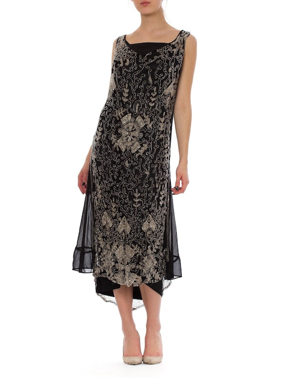 1920S Black Beaded Net Flapper Cocktail Dress With