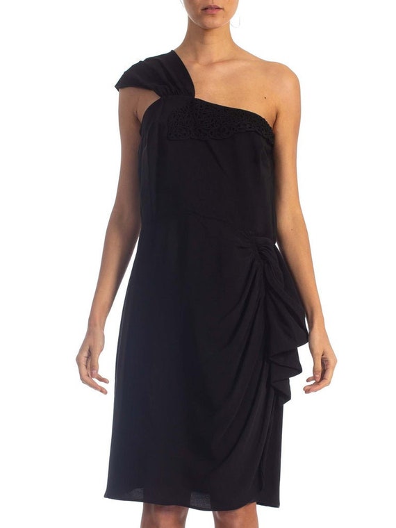 1940'S Black Rayon Crepe One Shoulder Draped Pepl… - image 1