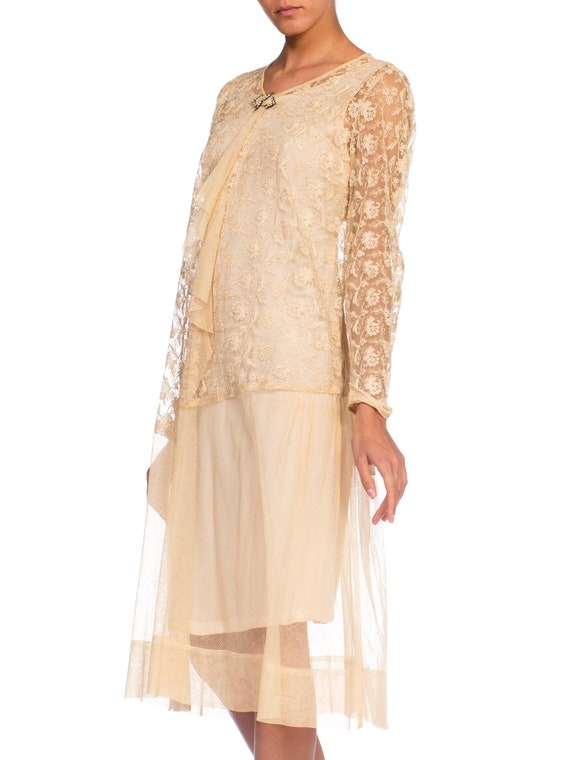 1920S  Beige Cotton Embroidered Tulle & Lace Flap… - image 7