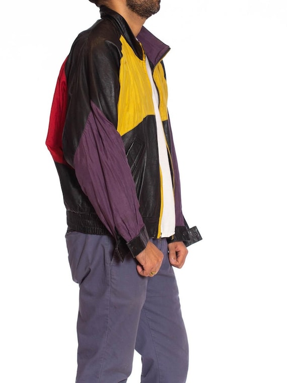 1990S Black Leather Men's Bomber Jacket With Yell… - image 3