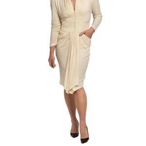 1980S THIERRY MUGLER Cream Wool Blend Jersey Sleeved Dress With Pockets image 4