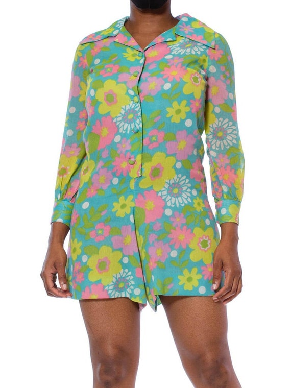 1960S Aqua Blue Floral Cotton Voile Mod Romper - image 5