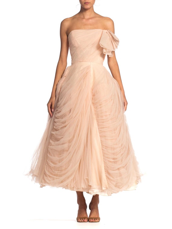 1950S Blush Pink Rayon & Nylon Tulle Draped Strapl