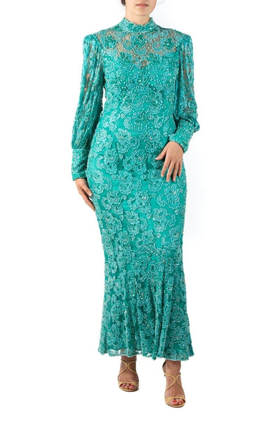 1980S Teal Beaded Rayon Lace Gown With Sleeves - image 7