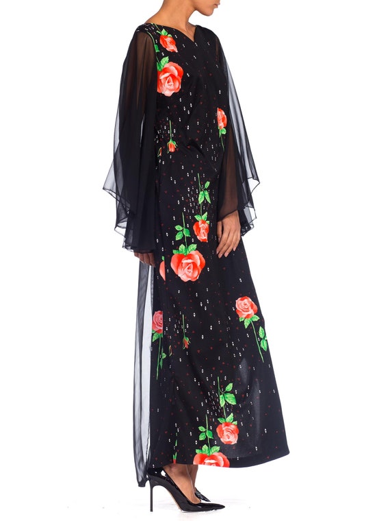 1970S Black Polyester Jersey Rose Print Maxi Dres… - image 7