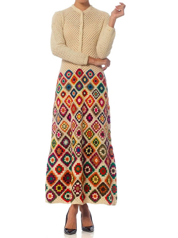 1970S Rainbow Hand Knit  Wool Crochet Maxi Dress - image 7