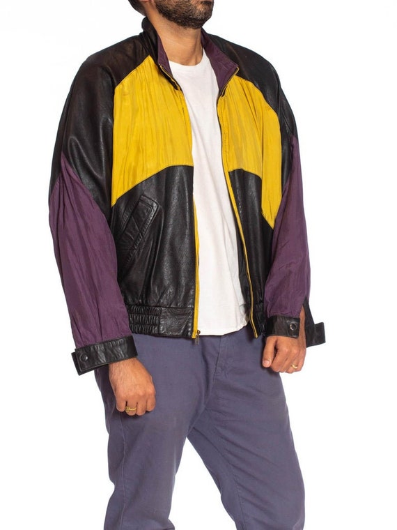 1990S Black Leather Men's Bomber Jacket With Yell… - image 7